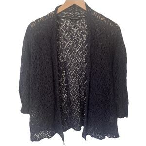 Eileen Fisher Linen Blend Crochet Open Cardigan Medium Gray Metallic Accents